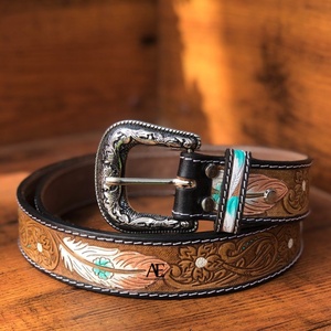 New Western Stylish Real Genuine Hand <b>Tooled</b> <b>Leather</b> Floral Paint Designer <b>Belts</b> High Quality Handmade <b>Leather</b> Unisex Waist <b>Belt</b> - Product Image 1