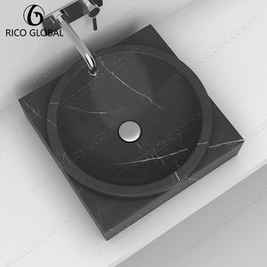 Lavabo en marbre noir de qualité supérieure avec base carrée intégrée élégante et bol circulaire pour une décoration de salle de bain haut de gamme - Product Image 3