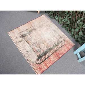 Vintage Small Rug 3x2.7 ft, Turkish <b>Red</b> Floral <b>Wool</b> Rug - Product Image 2