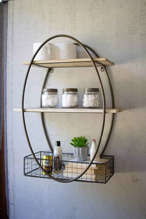 Creative Retro Solid Wood Wall Hanging Punch-Free Wrought Iron Oval Shape 3 Tier Wall Shelf Partition Rack