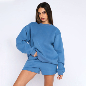 Womens Brown Solid Crew Neck Oversized <b>Sweatshirt</b> and Shorts Set <b>Long</b> Sleeve Casual Streetwear Activewear OEM ODM Wholesale - Product Image 5