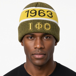 Gorro de punto Iota verde oliva y amarillo dorado, bordado con letras griegas 1963, gorro de invierno cálido y casual con puño a rayas para fraternidad - Product Image 1