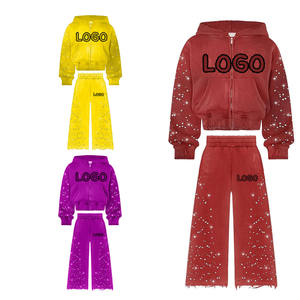 2025 Custom Logo Rhinestone Women <b>Tracksuit</b> 2 Piece Set <b>Vintage</b> Sun Faded Heavyweight Acid Wash Distressed <b>Tracksuit</b> - Product Image 1