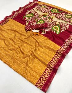 ผ้าไหมทัสซาร์เนื้อนุ่มปักลายคาลัมคารีสวยงามหรูหราสำหรับผู้หญิง พร้อมขอบสีทองทันสมัย แบบไม่มีเสื้อคลุม - Product Image 5