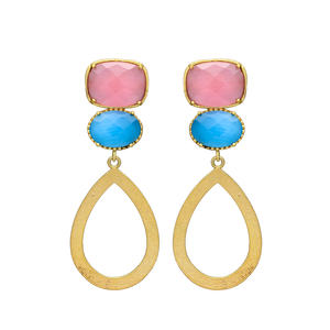 Pendientes colgantes de diseño en tono dorado, recién llegados, con diseño único, pendientes de latón con gemas rosa y azul Monalisa para todos. - Product Image 1