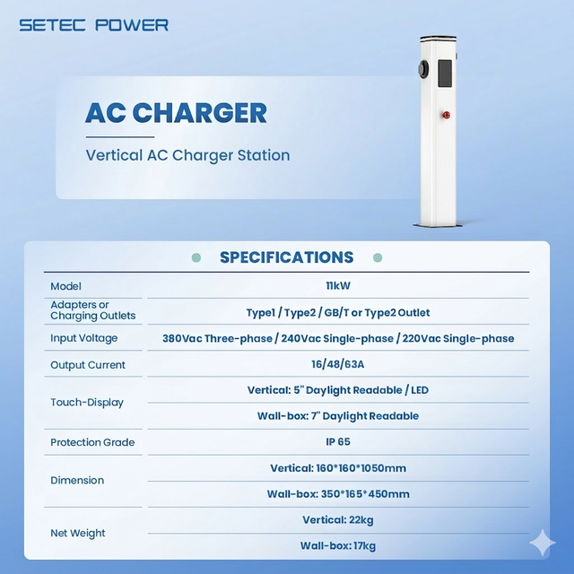 Level 2 11kw Ac Vertical Ev Charger Weatherproof Type 1/Type 2 Electric Vehicle Charging Station