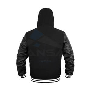 Varsity Letterman Jacket Genuine Leather Sleeves Warm <b>Wool</b> Blend Body Comfort Ribbed Collar and Cuffs Black <b>White</b> Line - Product Image 4