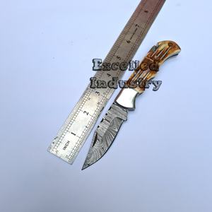 Damasco personalizado hecho a mano multifuncional supervivencia al aire libre cuchillo plegable mango de hueso quemado cuchillo de bolsillo con Funda de cuero - Product Image 6
