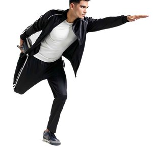 Survêtement noir en polyester pour homme, fermeture éclair intégrale, style sportif, avec bandes blanches, poches latérales, coupe classique, vêtements d'hiver - Product Image 5