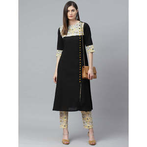 ชุดกางเกงผ้าฝ้ายพิมพ์ลาย kurta และ Ikat สีดำสำหรับผู้หญิง - Product Image 5