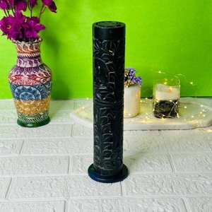 Hand-<b>Carved</b> Black Marble Stone Incense Tower Incense Holder Diffuser for Home Decor Religious Use Double Purpose <b>Candle</b> - Product Image 1