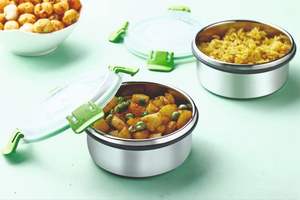 FOODI Stainless Steel Insulated <b>Lunch</b> <b>Box</b> 300ml 500ml Green Round Microwave Safe 2 Containers <b>for</b> Home <b>Office</b> Use Made in India - Product Image 2