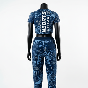 Ensemble haut court et pantalon de jogging en polyester et élasthanne premium 180 GSM, imprimé par sublimation bleu, logo personnalisé, vêtements de sport pour femmes - Product Image 5