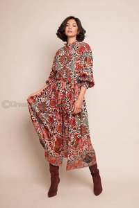 <b>Women</b> Digital Printed Cotton Center Front Button Opening Drawstring Waist Dolman Sleeve <b>Ruffles</b> Sleeve Cuff Neckline Long <b>Dress</b> - Product Image 4