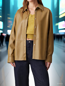 Women's Genuine Sheep <b>Leather</b> <b>Shirts</b> Button Closure Outerwear with Double Pockets Vintage Streetwear Letterman Design for Winter - Product Image 5