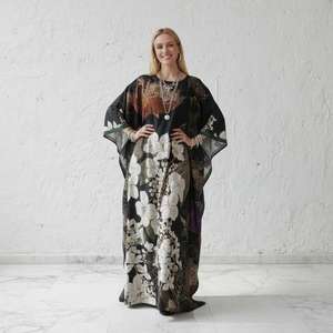 Women Floral Printed Luxury Kaftan Floor-Length Regular <b>Fit</b> Flare Sleeve Eco-Friendly Washable Natural Elegant Resort Wear <b>Dress</b> - Product Image 1