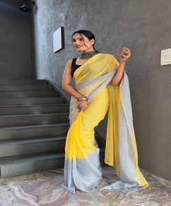 TENDANCE GEORGETTE DEUX TEXTES UNI PRÊT À PORTER SAREE AVEC CHEMISIER NON COUDU JAUNE - Product Image 2