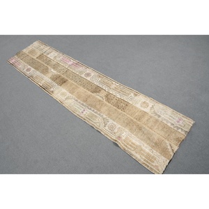 Turkish Vintage Rug, 1.8x7.4 ft Rug, <b>Brown</b> Striped <b>Wool</b> Rug - Product Image 1