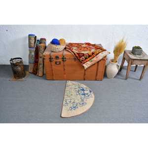 Alfombra Turca Redonda Vintage de 2.5x1.5 pies, Alfombra de Lana Azul Sólida - Product Image 2