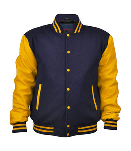 Chaqueta Varsity para Hombre 2026, de Lana Azul Marino con Mangas de Cuero Amarillo, Cierre de Botones, Parches Bordados Personalizados, Unisex - Product Image 4