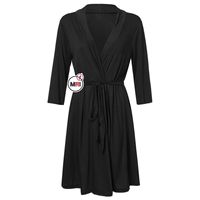 Bata de satén de seda 100% para mujer, manga larga, cuello con muescas, largo hasta la rodilla, elegante, para spa o dormir, color negro liso, manga completa, personalizada para mujer