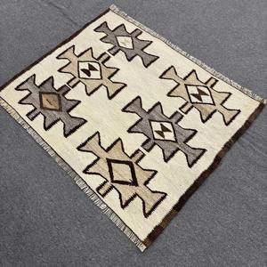 3.2x2.6 ft Rug, Turkish Vintage Small Rug, <b>Brown</b> Kilim <b>Wool</b> Rug - Product Image 2