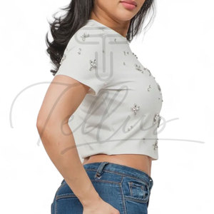 Vente en gros de crop tops pour femmes, écologiques, avec logo personnalisé, en coton, sexy, formels, chemises courtes d'été, séchage rapide, respirantes - Product Image 4