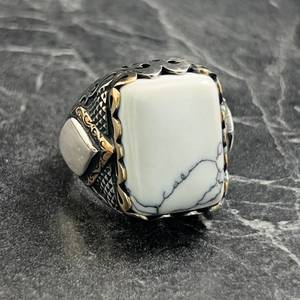 Anillo Vintage para Hombre de Plata de Ley 925 con Engaste de Bisel y Piedra Preciosa de Ágata Blanca Natural, Joyería Fina de Piedra de Ágata Blanca - Product Image 1
