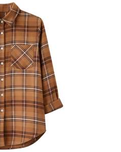 Women Oversized Plaid Button Up Shirt Camel Brown Long <b>Sleeve</b> Casual Flannel Checkered Tunic <b>Top</b> Soft Autumn Winter Wholesale - Product Image 3