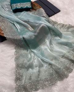 ผ้าไหมส่าหรีที่งดงามพร้อมลําดับงานตัดขอบงาน งานแต่งงานส่าหรี งานปาร์ตี้ส่าหรีดีไซน์เนอร์ - Product Image 4