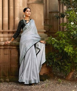 Tissu en lin soie sari avec séquence dentelle riche Blouse de styliste vêtements de fête tendance ethnique traditionnelle - Product Image 2