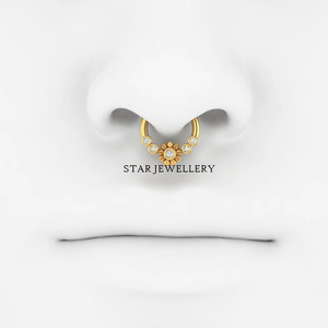 14K Solid <b>Gold</b> Bezel Set Natural Diamond Flower Daith Piercing Fine Jewelry. - Product Image 4