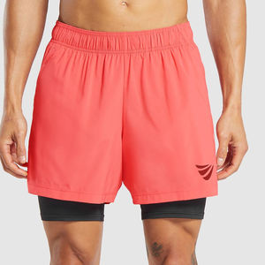 Pantalones cortos deportivos personalizables 2 en 1 de estilo callejero para gimnasio para hombres, ropa deportiva de algodón transpirable para correr, función antiarrugas - Product Image 1