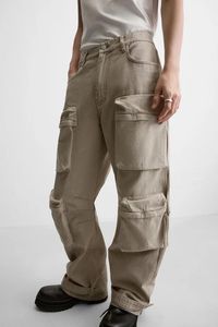 Pantalon cargo ample à jambes larges en denim de coton délavé ZRA, coupe décontractée, pantalon personnalisé, jeans pour hommes, 8 poches, pantalon de travail pour hommes - Product Image 4