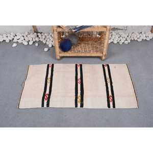 Alfombra Turca Pequeña de 1.7x3.3 pies, Alfombra de Lana Vintage Kilim Beige con Diseño Floral - Product Image 2