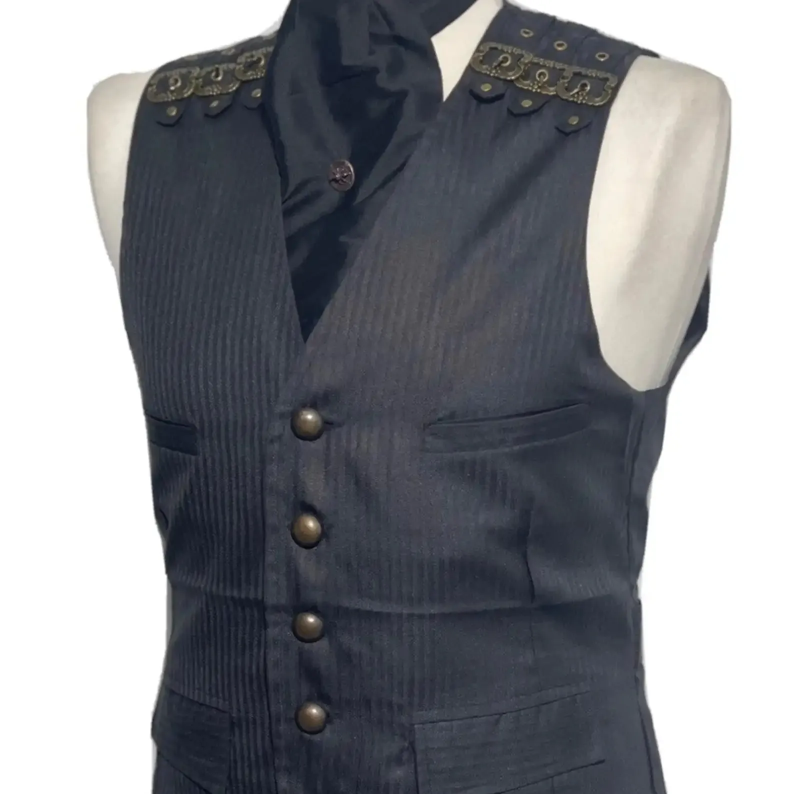 Hoge Kwaliteit Zwart Gothic Vest Vest Vest Met Zakken Met Gevlochten Geregen Zijkanten Groothandel Custom Logo Heren Gothic Vesten