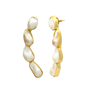 Boucles d'oreilles élégantes en perles d'huître blanches, style feuille d'eau douce, bijoux en laiton plaqué or 24 ct pour mariage - Product Image 2
