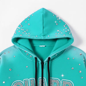 Sweat à capuche d'hiver surdimensionné 100% coton pour hommes avec fermeture à glissière strass lavé motif solide impression personnalisée - Product Image 3