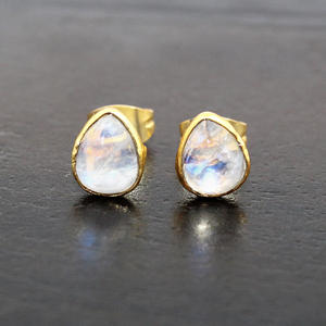Delicate Natural White Rainbow Moonstone Pear Shape 5x7MM 24k Gold Plated Bezel <b>Stud</b> <b>Earrings</b> For <b>Girls</b> Women Wholesale Jewelry - Product Image 5