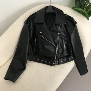 New Winter Men Faux Leather <b>Jacket</b> Wool Lining Chic Vintage Biker Coat <b>Short</b> Lapel Zipper Belt Waterproof Windproof - Product Image 3