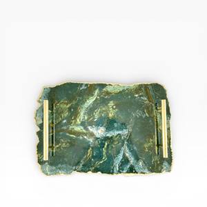 Rectangular Emerald Green <b>Resin</b> <b>Stone</b> Decorative Tray with Scalloped Edge Gold Trim and Side Handles - Product Image 2