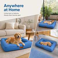 Coussin de lit pour animaux de compagnie en velours côtelé imperméable, rectangulaire, uni, lavable, bleu, pour chien et chat, pour salon, toutes saisons