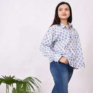 Camisa de algodón de manga larga para mujer Diseño de estampado de bloques, ropa de oficina suave y cómoda o Top estampado informal - Product Image 2