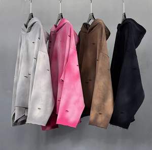 Retro High Street Vintage Washed cut daño agujero Sudadera con capucha peso pesado 450gsm Sudaderas con capucha desgastadas Hombro caído - Product Image 2