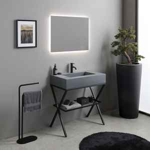 Mueble de Baño Independiente de 80 cm con Lavabo Gris y Espejo LED de Madera, Muebles de Baño Modernos - Product Image 1