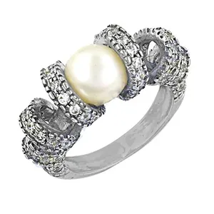 Art Palace Women's 925 Silver Gemstone Freshwater Pearl Cocktail <b>Ring</b> with Pave Diamond Setting Classic <b>Wedding</b> Band Jewelry - Product Image 1