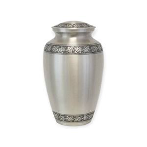 Urne funéraire élégante finition argentée avec un motif de bordure en feuilles délicates pour un hommage commémoratif paisible - Product Image 1