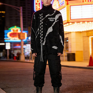 Suéter de <span class=keywords><strong>cuello</strong></span> simulado personalizado con bloques de color y jacquard, suéter casual negro de punto holgado, suéter con bajo sin rematar, suéter de moda urbana. - Product Image 2