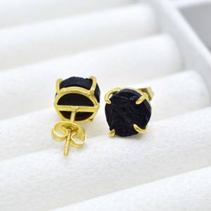 Black Tourmaline Prong <b>Set</b> <b>Stud</b> <b>Earrings</b> Rough Gemstone <b>Earrings</b> For Women Gold Plated Jewelry Valentines Gift - Product Image 1
