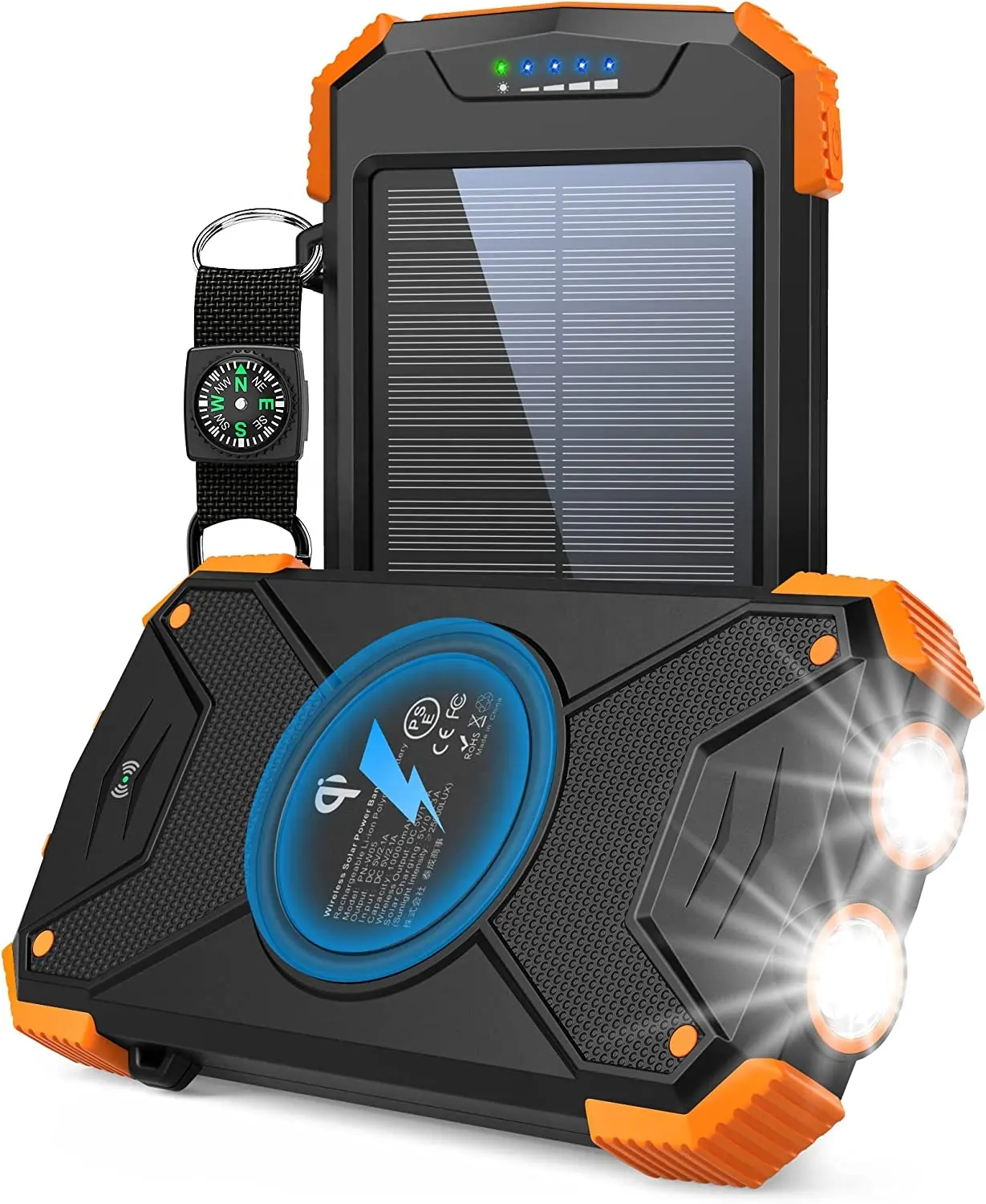 Qi Portable Solar Panel Charger Powerbank 10000mah External Battery Type C Dual Super Bright Flashlight Solar power bank